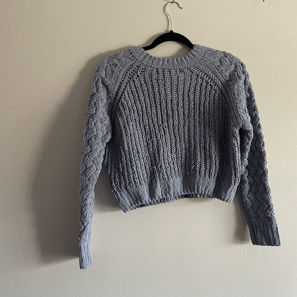 Kendall + Kylie Women S Blue Chenille Basketweave Knit Pullover Cropped Sweater - Picture 8 of 8
